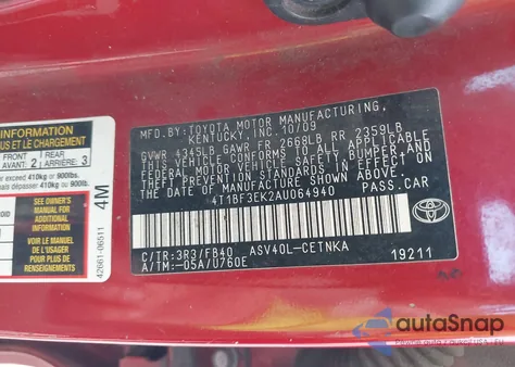 2010 Toyota Camry Le из США, поврежденный, VIN 4T1BF3EK2AU064940